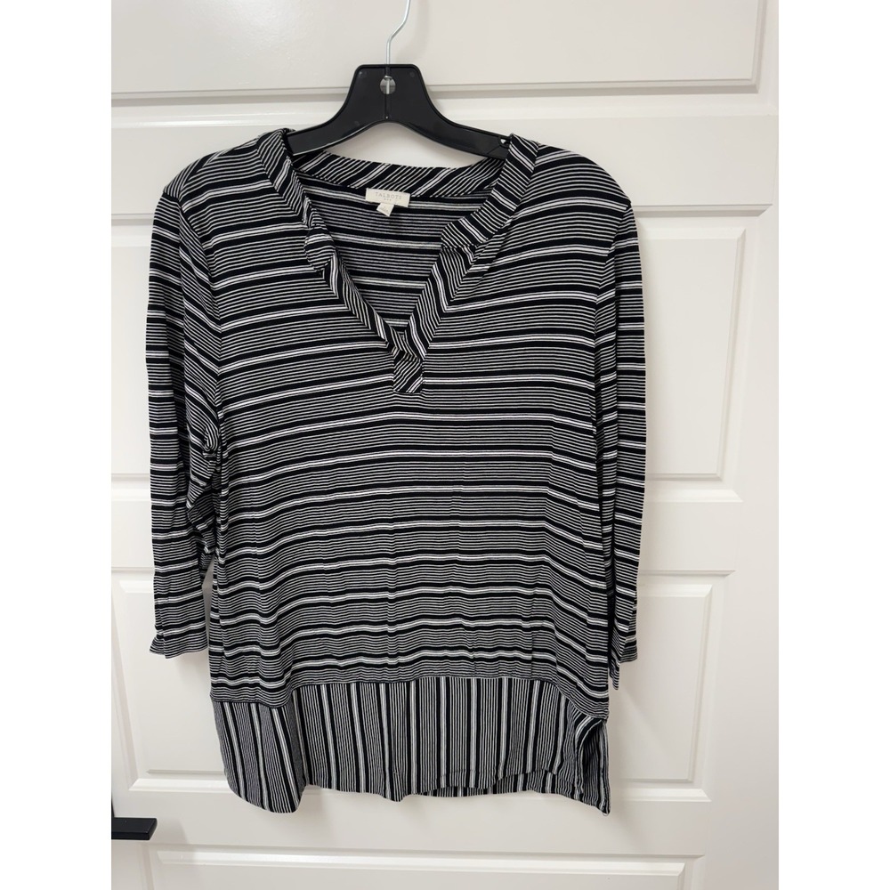 Talbots Women Large Black White Striped 3/4 Sleeve Vneck Pullover Blouse Top